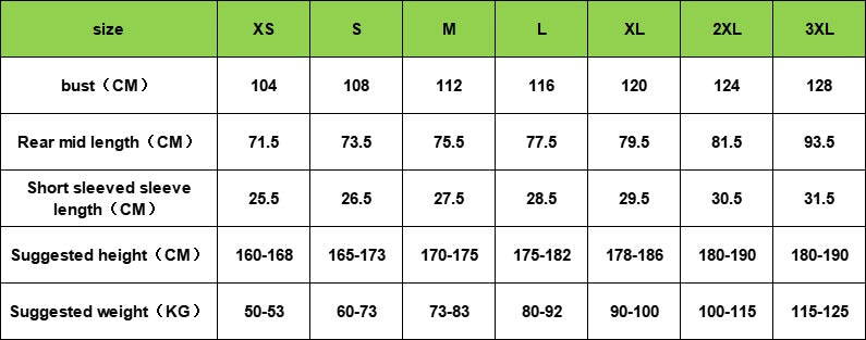 Measurement chart for clothing sizes XS to 3XL with bust, rear mid length, short sleeved sleeve length, suggested height, and suggested weight measurements.