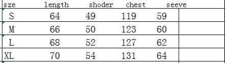 Table showing measurements for different sizes of a garment with columns for length, sholder, chest, and sleeve.