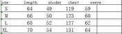 Table showing measurements for different sizes of a garment with columns for length, sholder, chest, and sleeve.