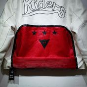 White jacket with red back panel featuring black star design and logo, on a white background.